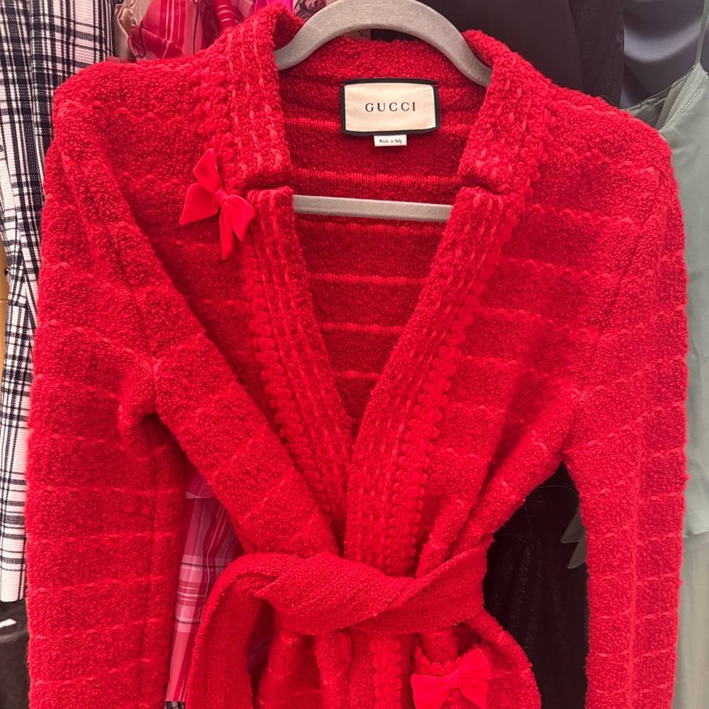 GUCCI Red Bouclé Knit Bow Cardigan Jacket – Made in Italy – Statement Piece